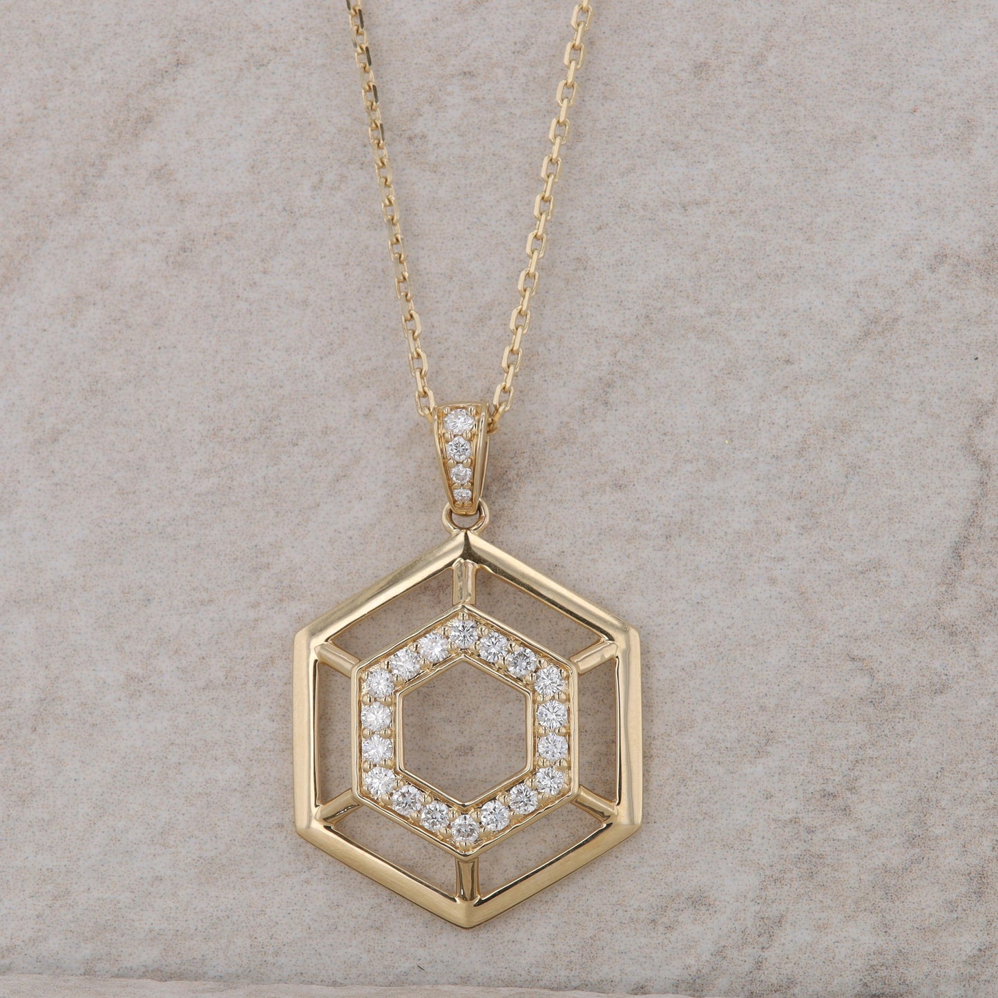 14k Yellow Gold Double Row Diamond Hexagon Necklace