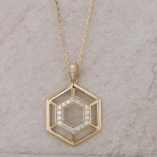 14k Yellow Gold Double Row Diamond Hexagon Necklace