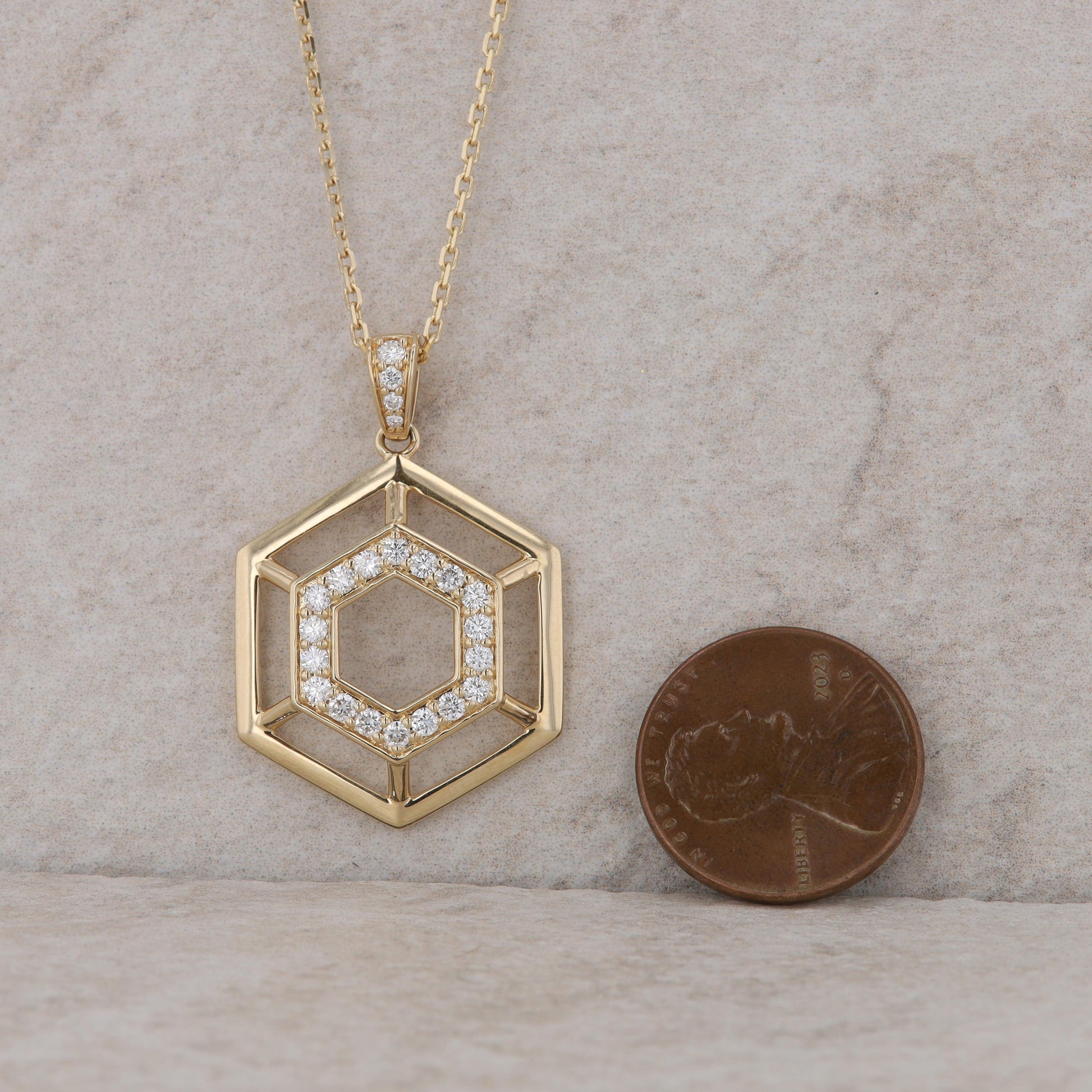 14k Yellow Gold Double Row Diamond Hexagon Necklace