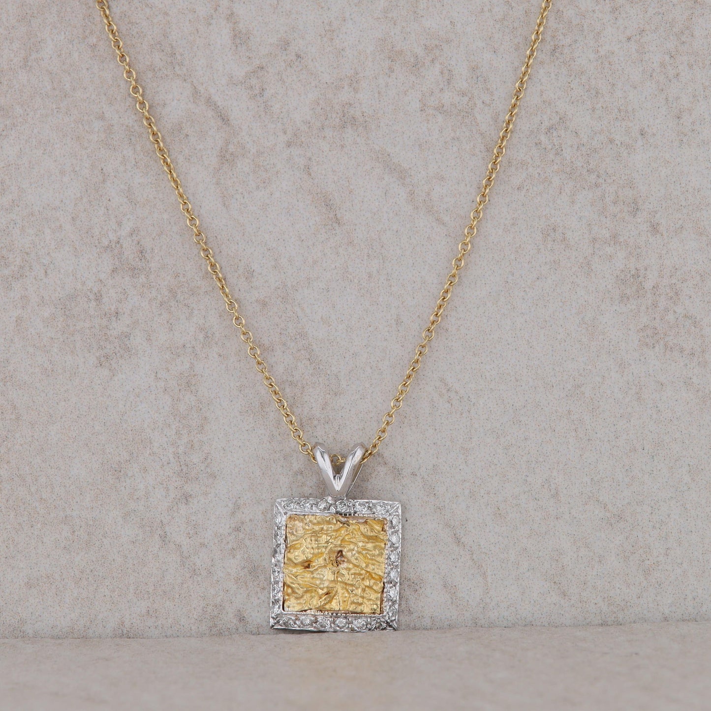 24k and 18k Two Tone Textured Square and Diamond Halo Necklace