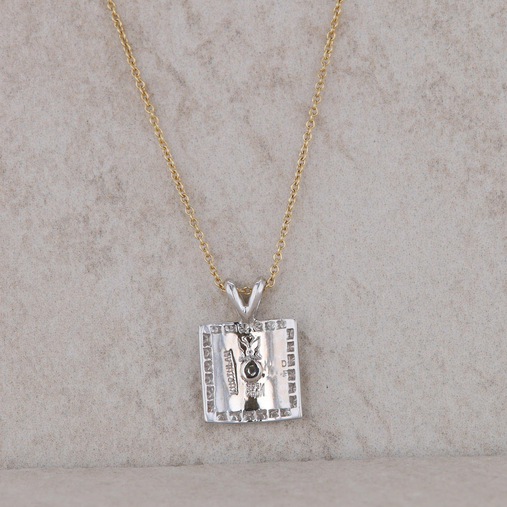 24k and 18k Two Tone Textured Square and Diamond Halo Necklace