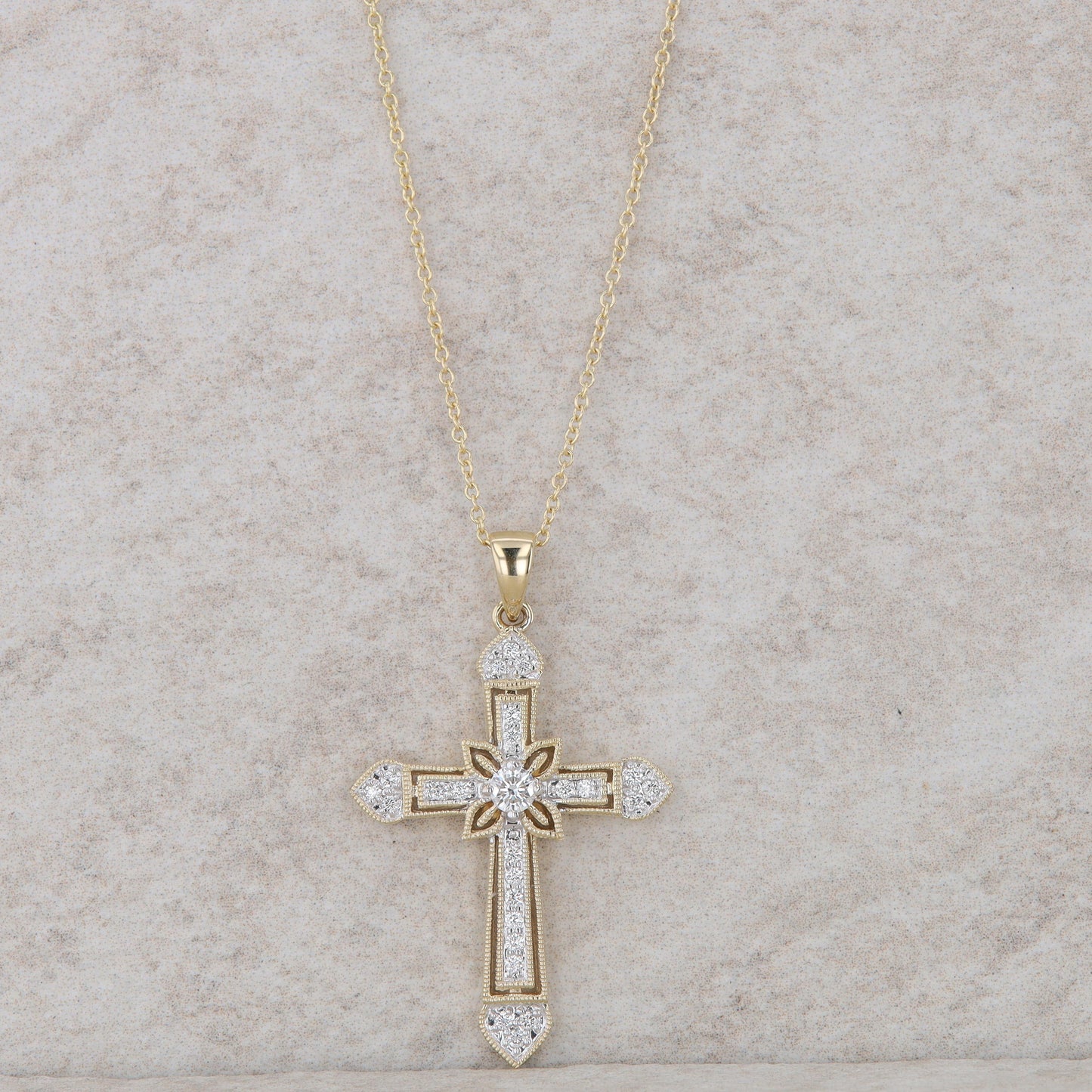 14k Yellow Gold Diamond Cross Necklace 18"