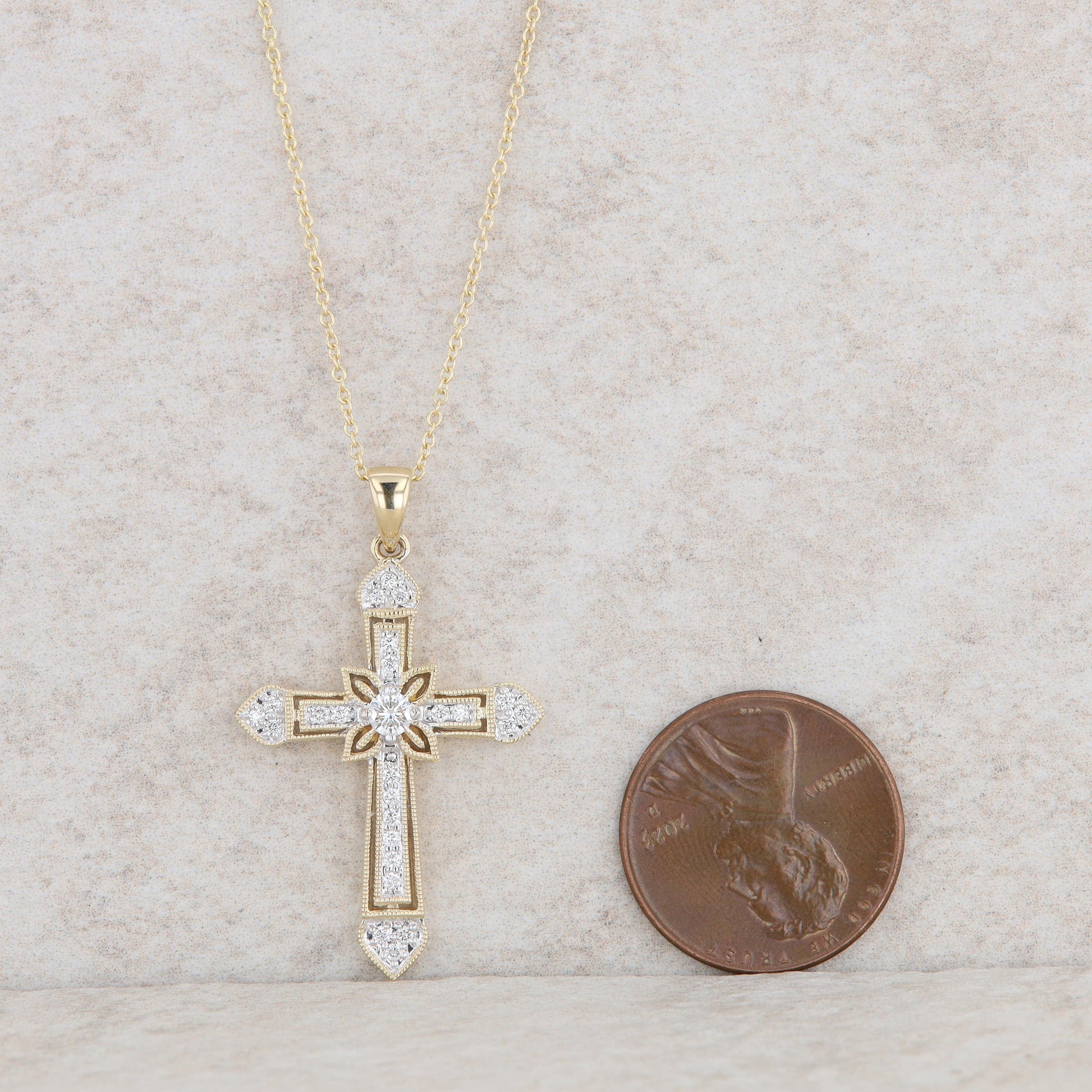 14k Yellow Gold Diamond Cross Necklace 18"