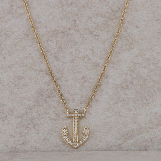 14k Yellow Gold Diamond Anchor Necklace 16-18"