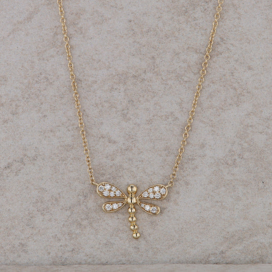 14k Yellow Gold Diamond Dragonfly Necklace