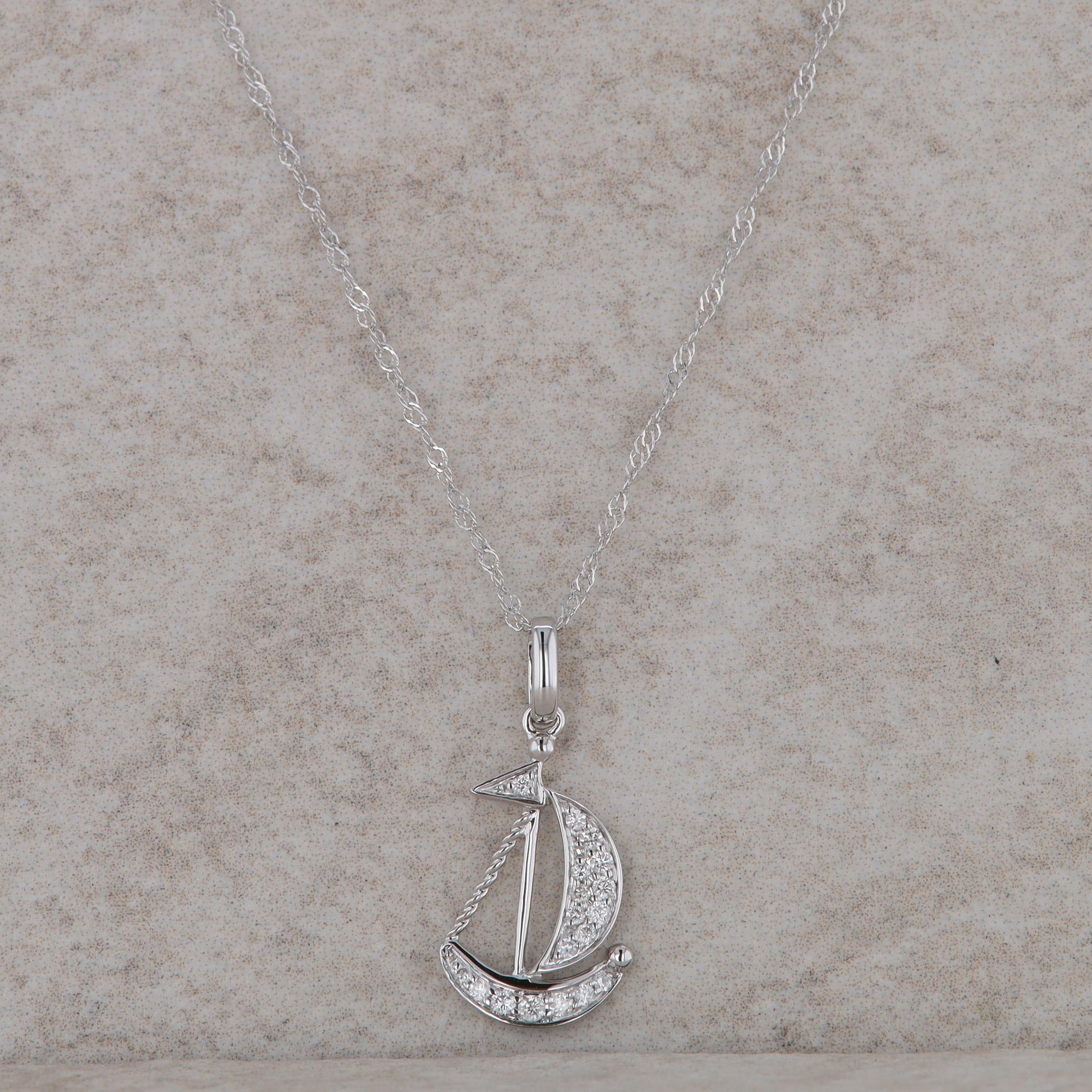 14k White Gold Diamond Sailboat Necklace