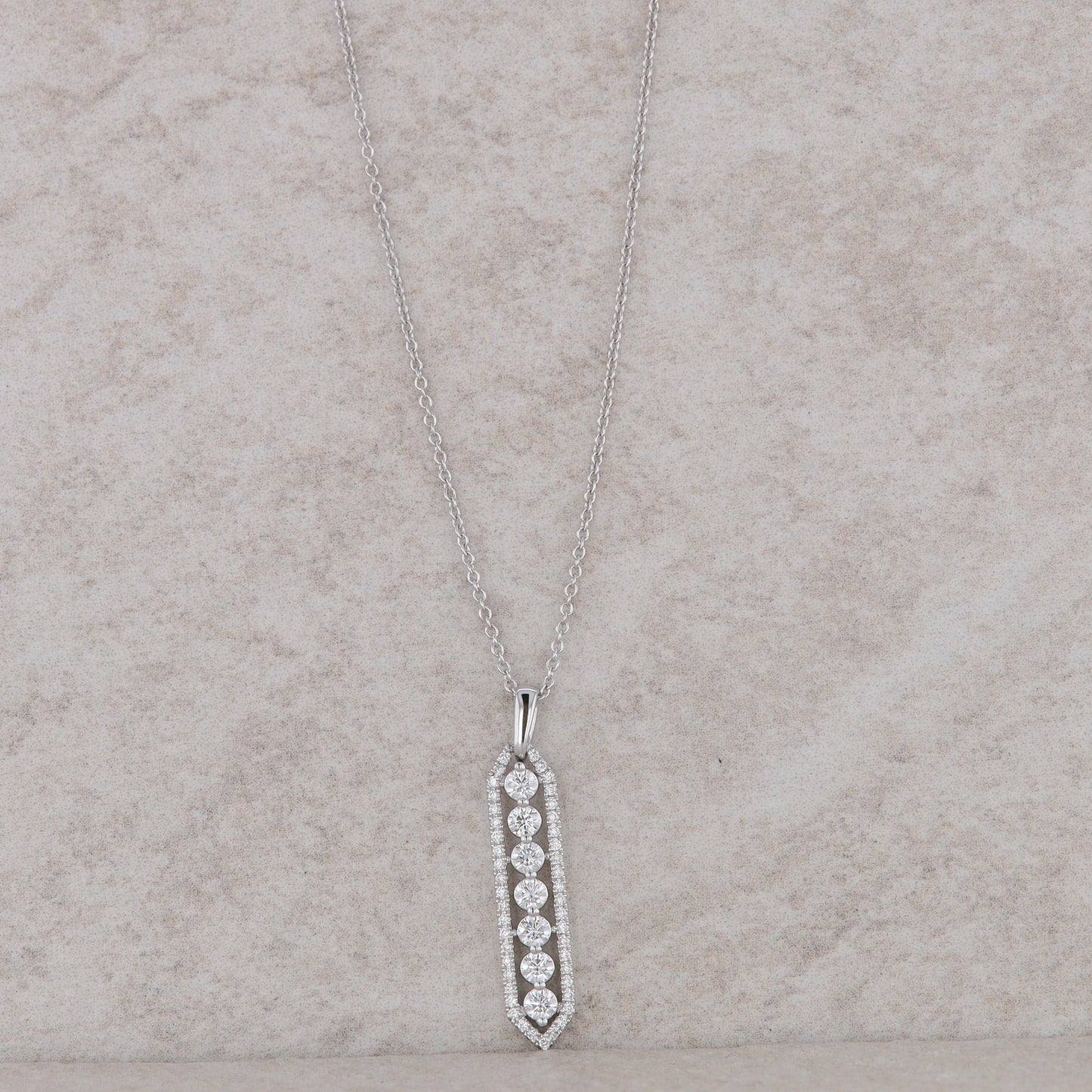 14k White Gold Diamond Elongated Hexagonal and Vertical Bar Necklace