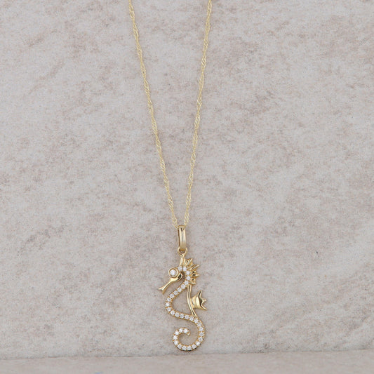 14k Yellow Gold Diamond Seahorse Necklace