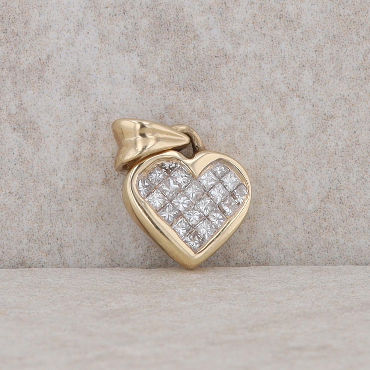 14k Yellow Gold Cluster Diamond Invisible Set Heart Pendant