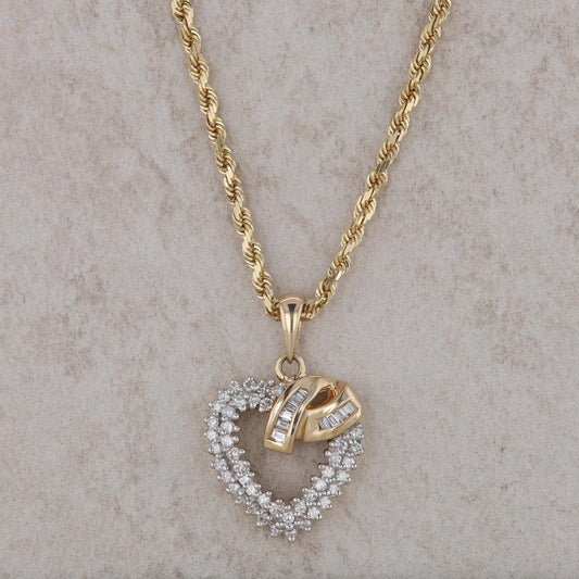 14k Yellow Gold Diamond Heart Pendant and Rope Chain Necklace