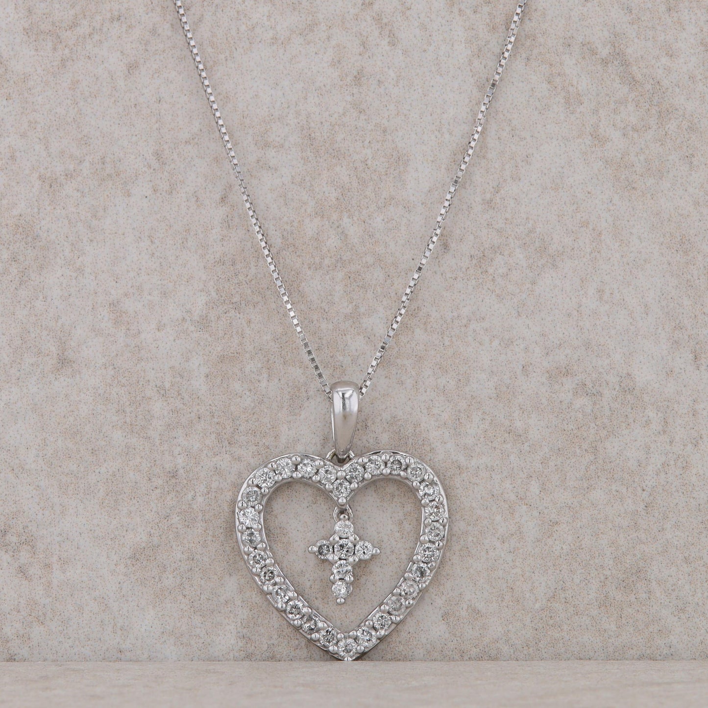 14k White Gold Diamond Heart Frame with Diamond Cross Necklace