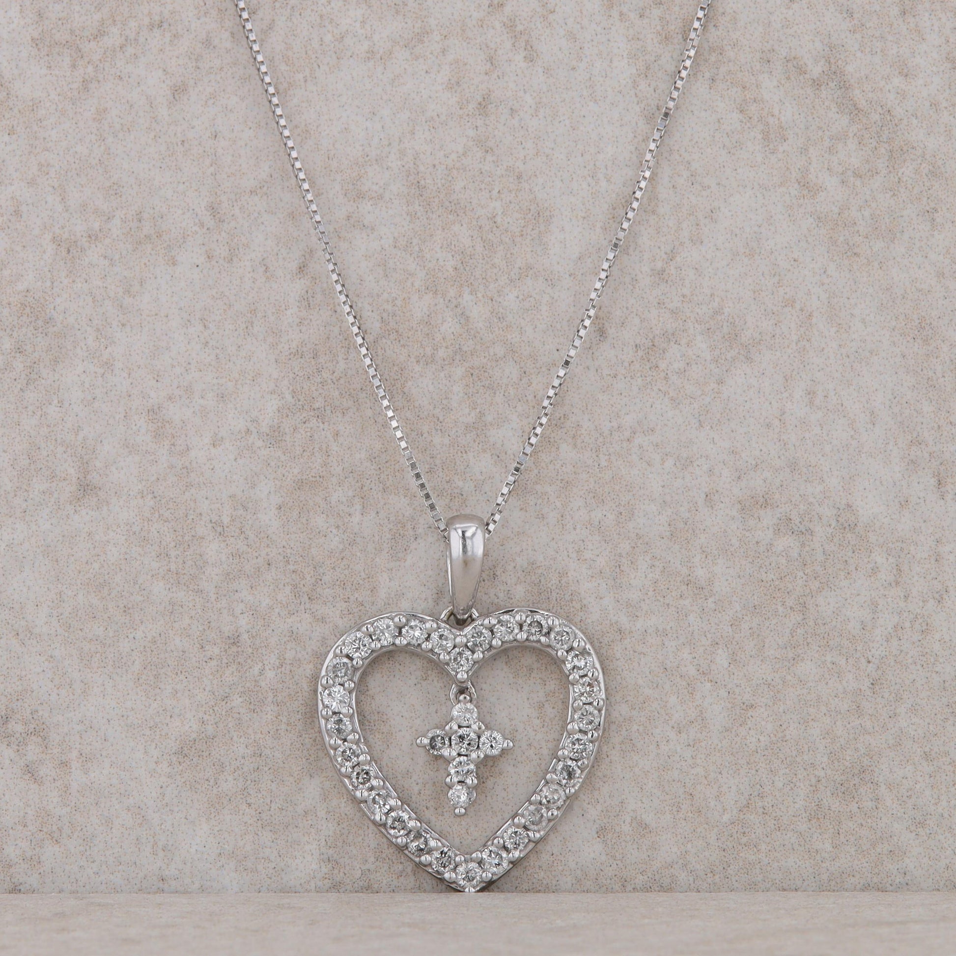 14k White Gold Diamond Heart Frame with Diamond Cross Necklace