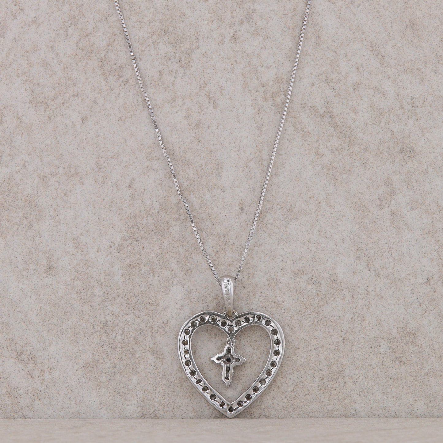 14k White Gold Diamond Heart Frame with Diamond Cross Necklace