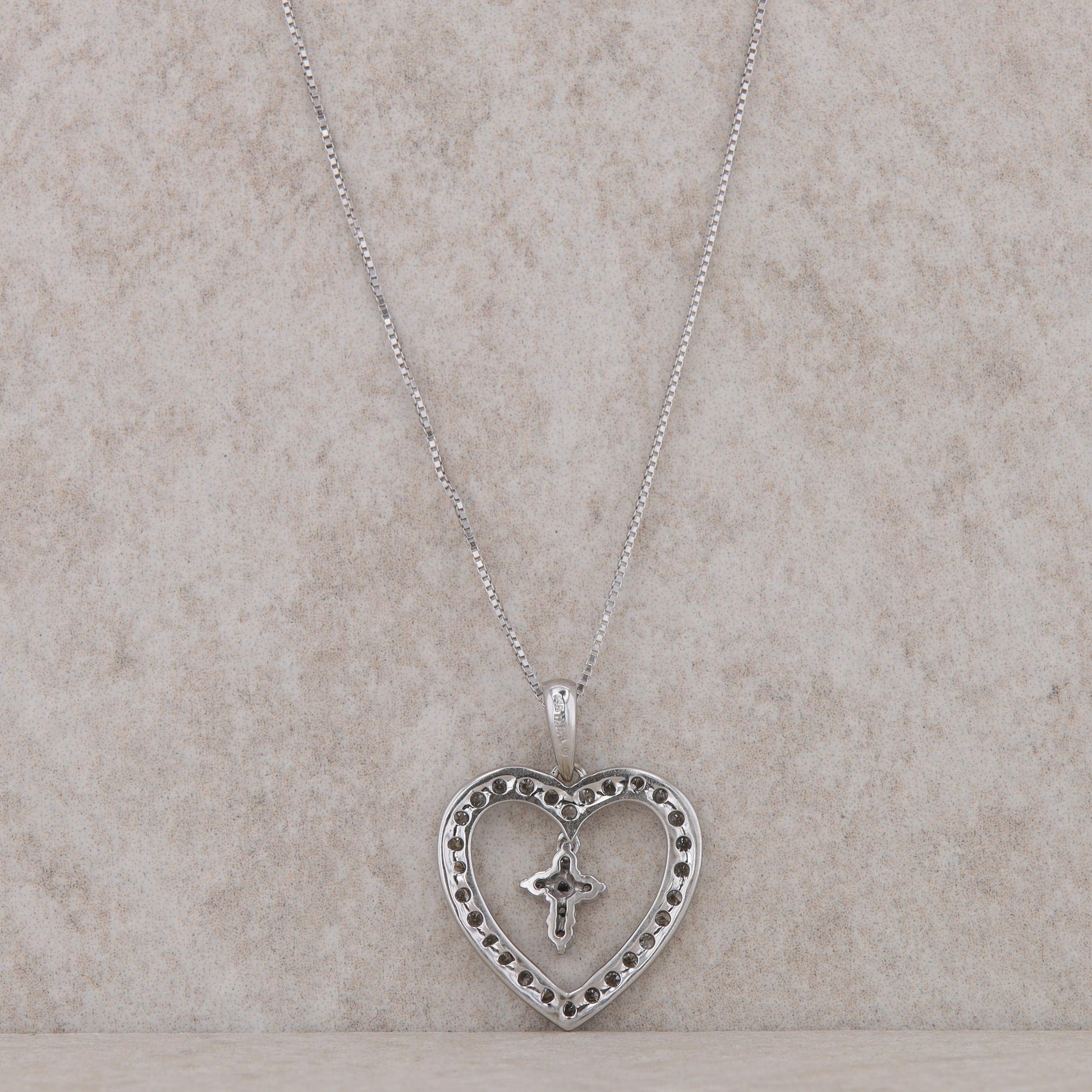 14k White Gold Diamond Heart Frame with Diamond Cross Necklace