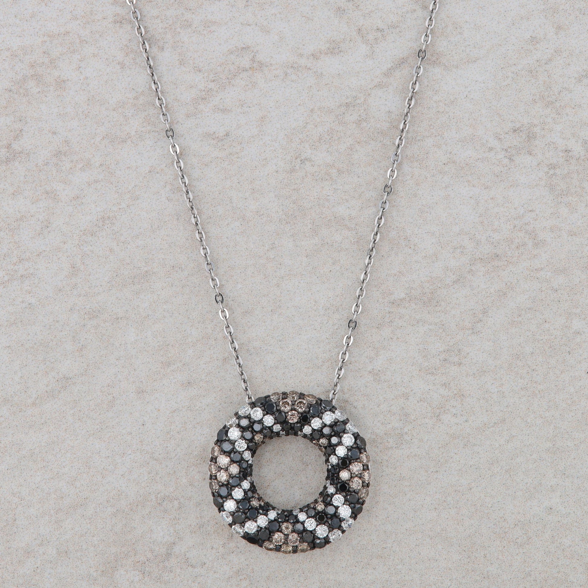 14k White Gold Black, White and Chocolate Diamond Circle Necklace