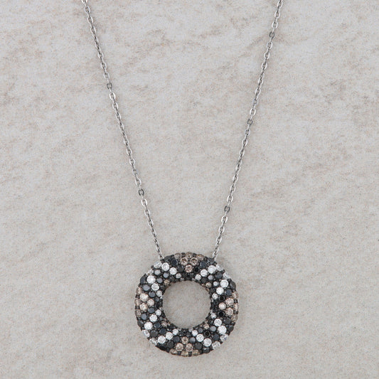 14k White Gold Black, White and Chocolate Diamond Circle Necklace