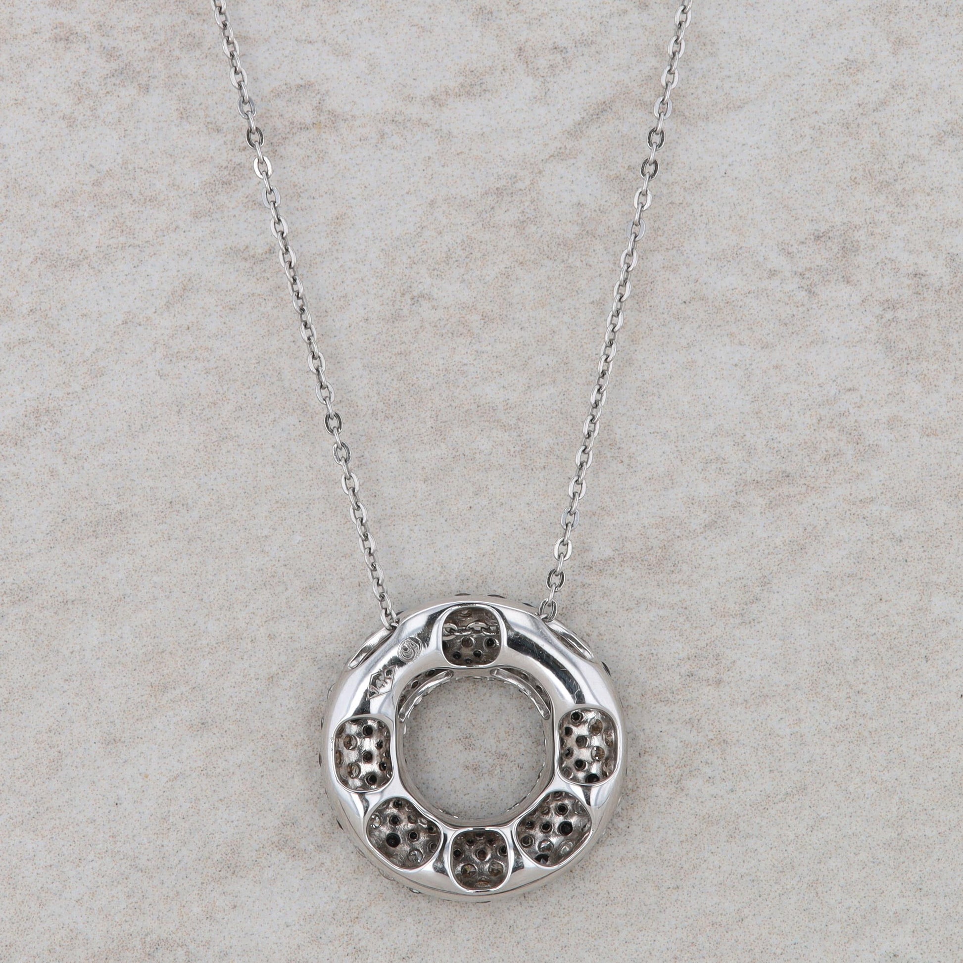 14k White Gold Black, White and Chocolate Diamond Circle Necklace