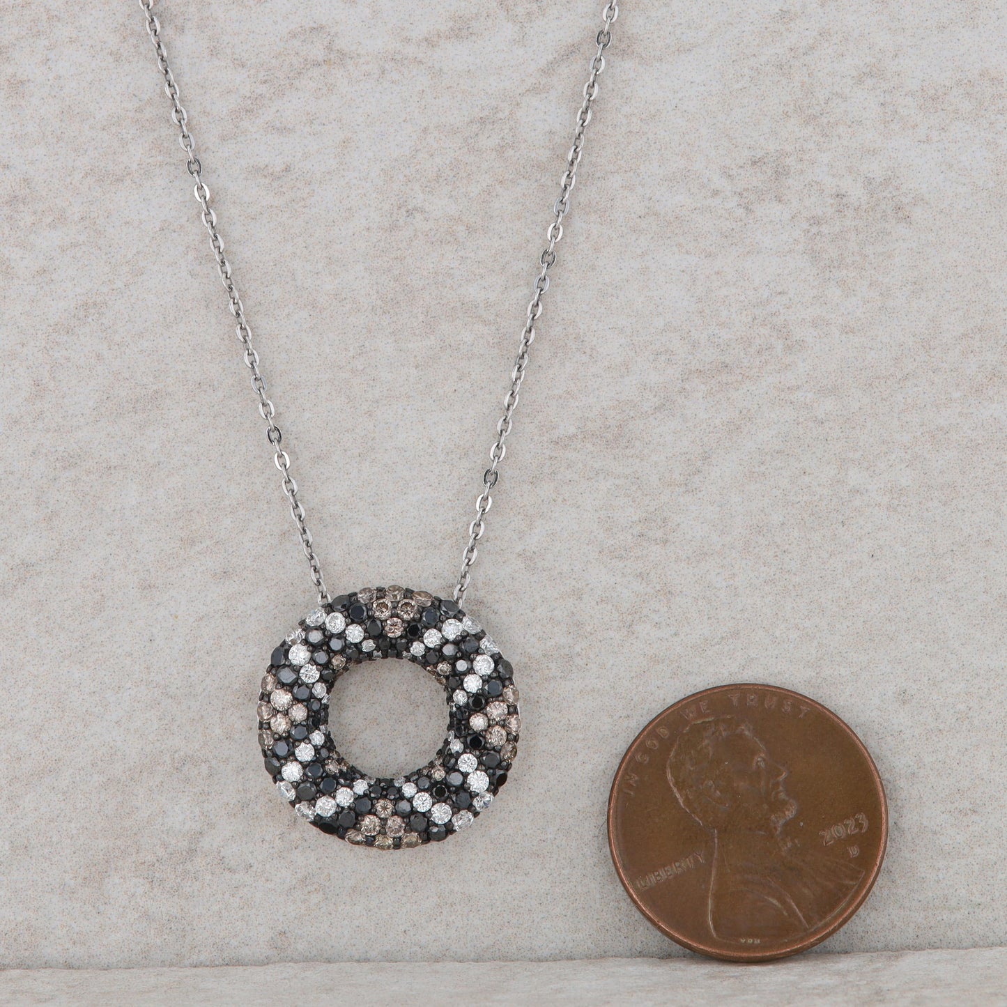 14k White Gold Black, White and Chocolate Diamond Circle Necklace