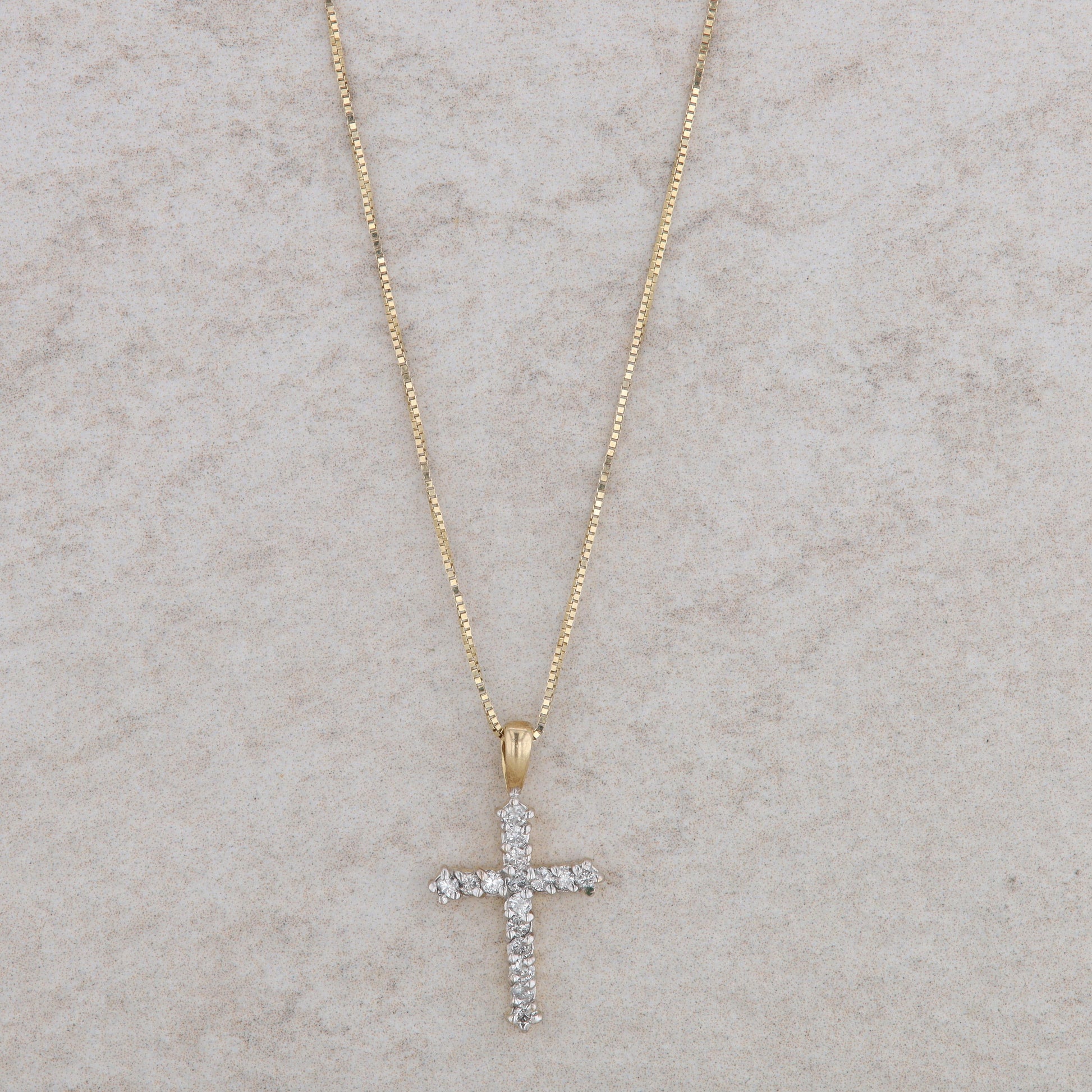 10k Yellow Gold Diamond Cross Pendant + 14k Yellow Gold Box Chain