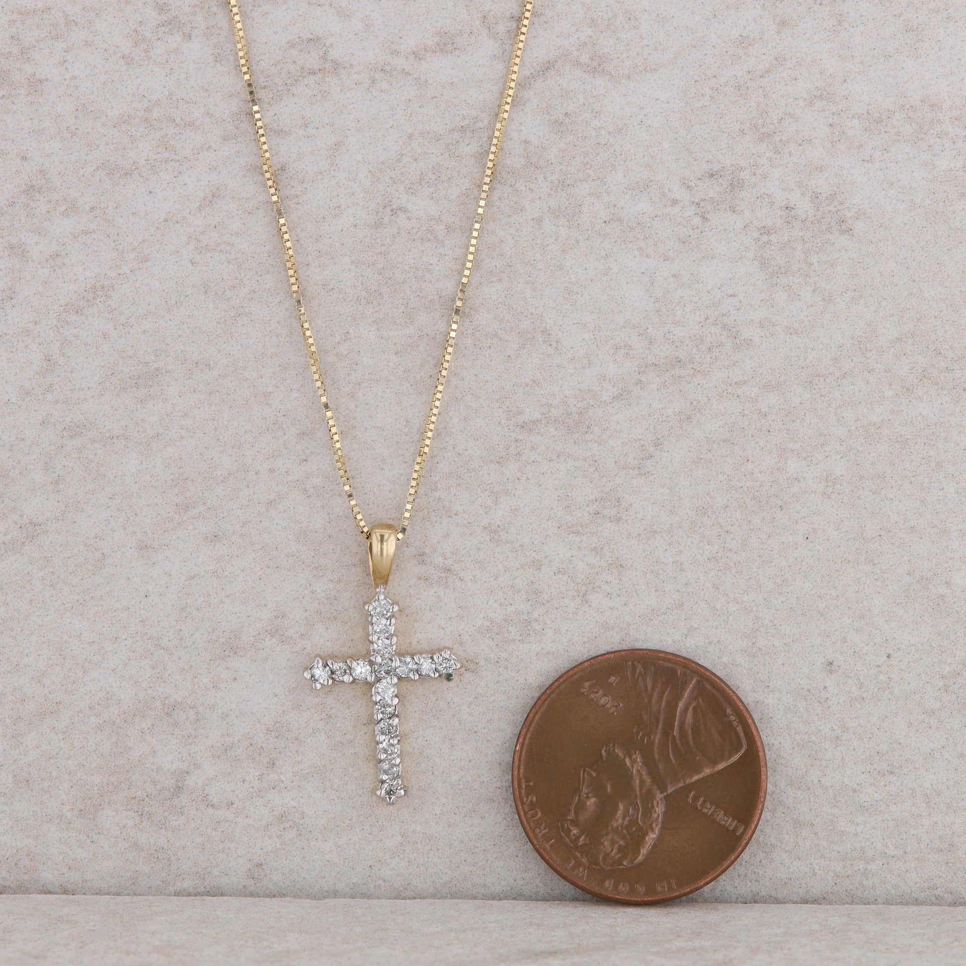 10k Yellow Gold Diamond Cross Pendant + 14k Yellow Gold Box Chain