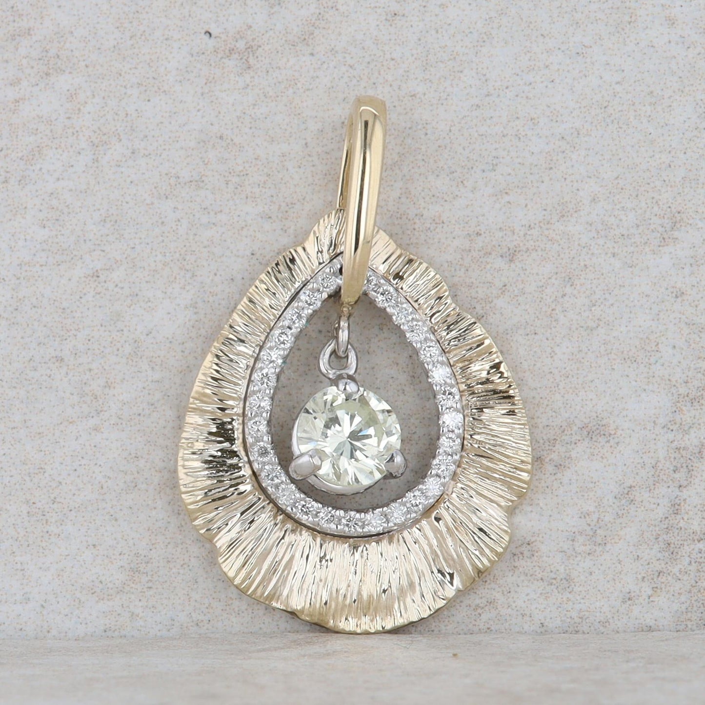 14k White and Yellow Gold Diamond Teardrop Textured Pendant