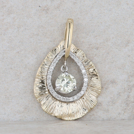 14k White and Yellow Gold Diamond Teardrop Textured Pendant