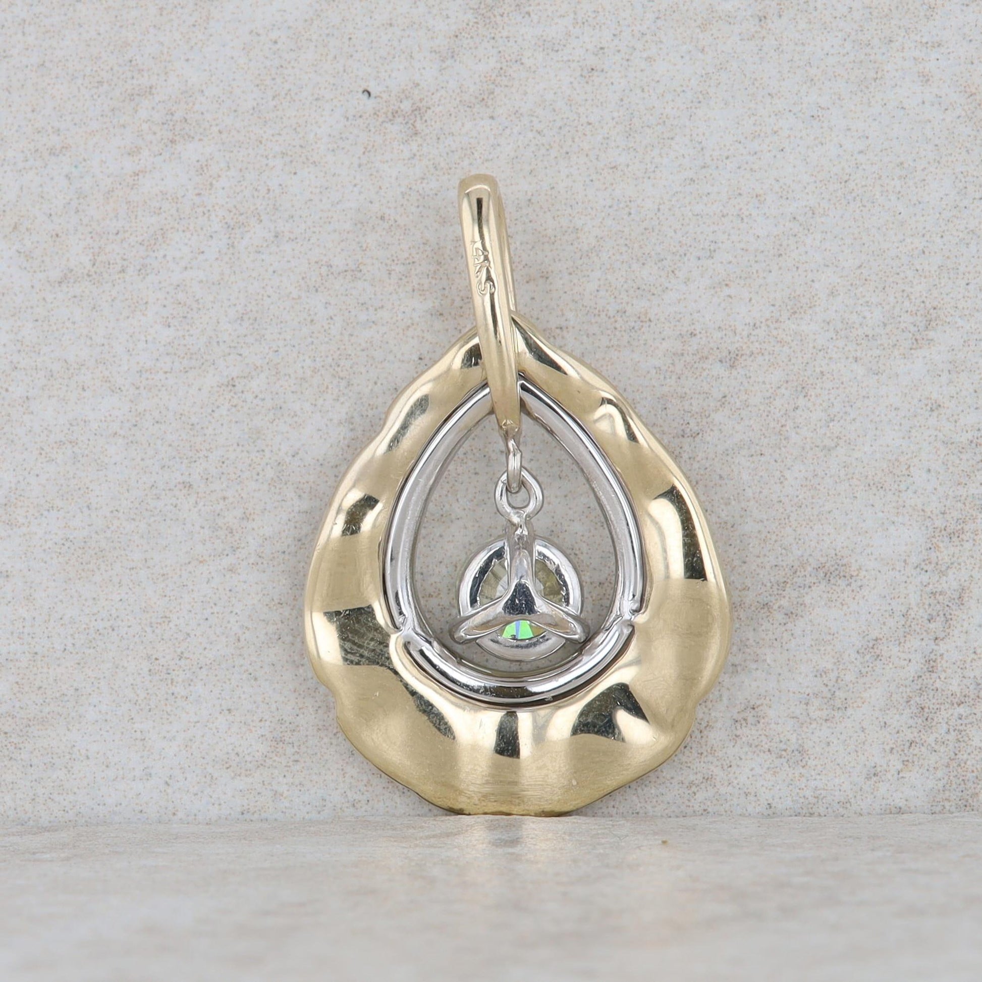 14k White and Yellow Gold Diamond Teardrop Textured Pendant