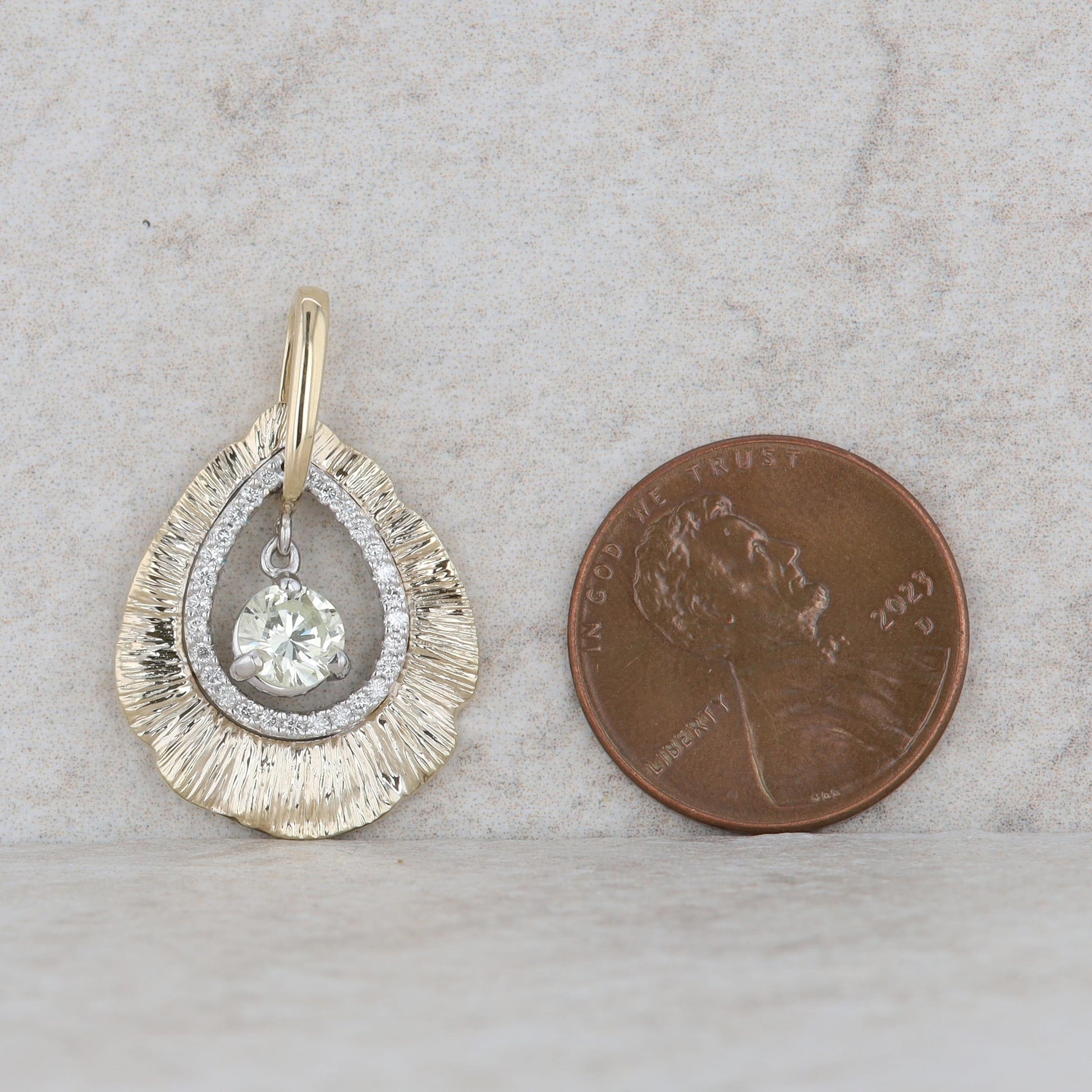 14k White and Yellow Gold Diamond Teardrop Textured Pendant