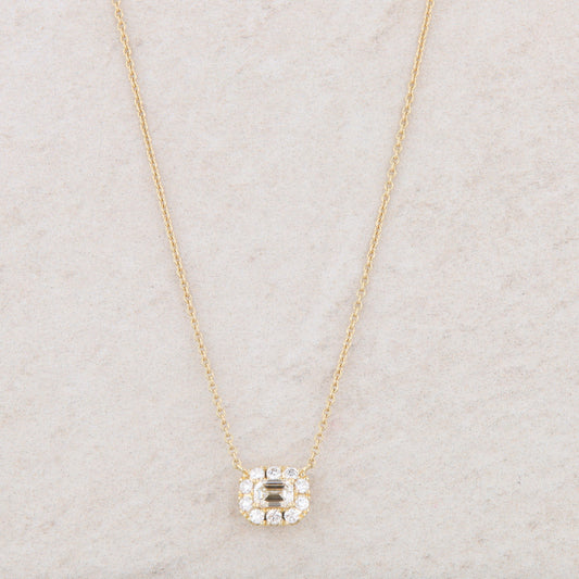 18k Yellow Gold Diamond Emerald Cut and Round Halo Necklace