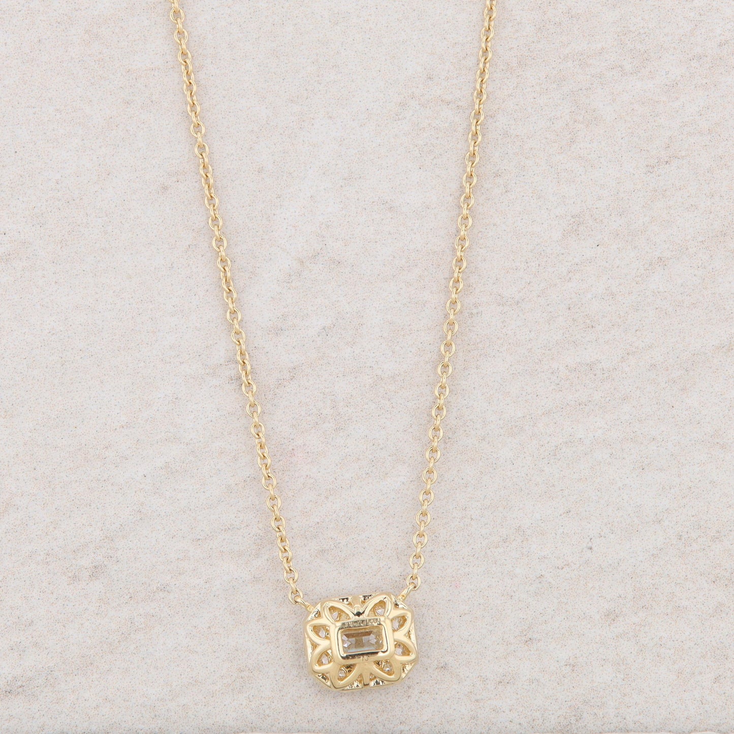 18k Yellow Gold Diamond Emerald Cut and Round Halo Necklace