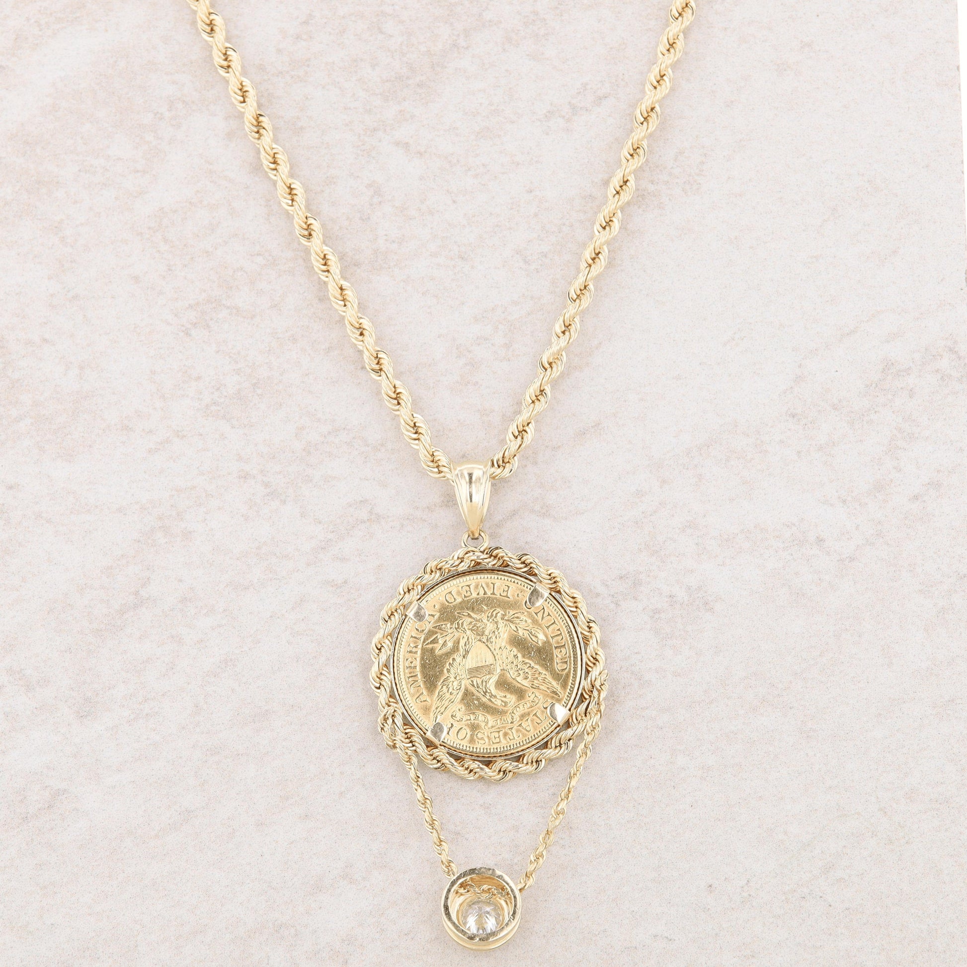 14k Yellow Gold Coin & 0.65 Carat Round Diamond Drop Rope Chain Necklace