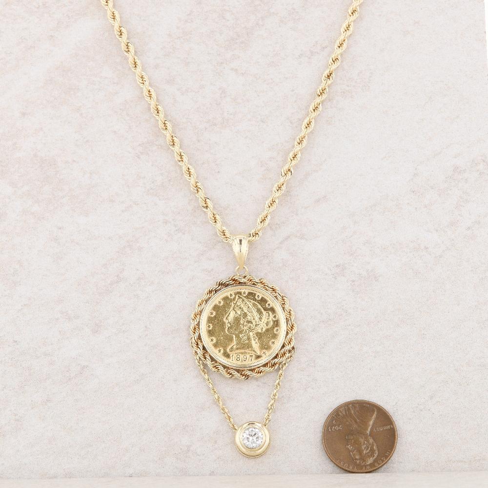 14k Yellow Gold Coin & 0.65 Carat Round Diamond Drop Rope Chain Necklace