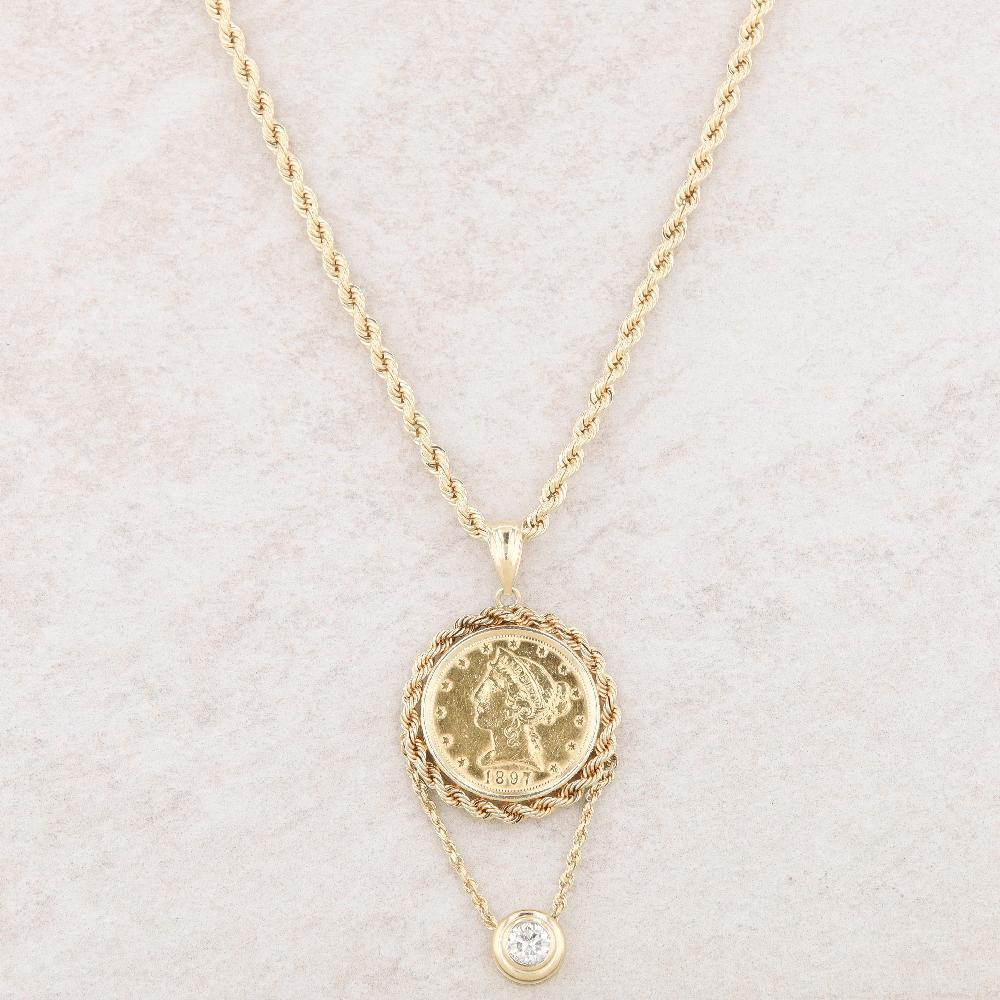 14k Yellow Gold Coin & 0.65 Carat Round Diamond Drop Rope Chain Necklace