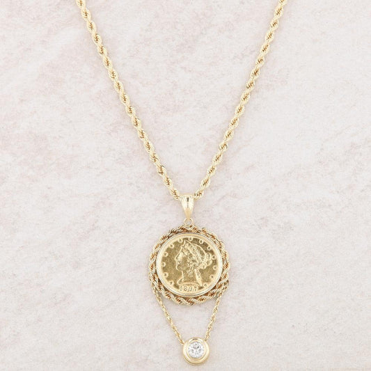 14k Yellow Gold Coin & 0.65 Carat Round Diamond Drop Rope Chain Necklace