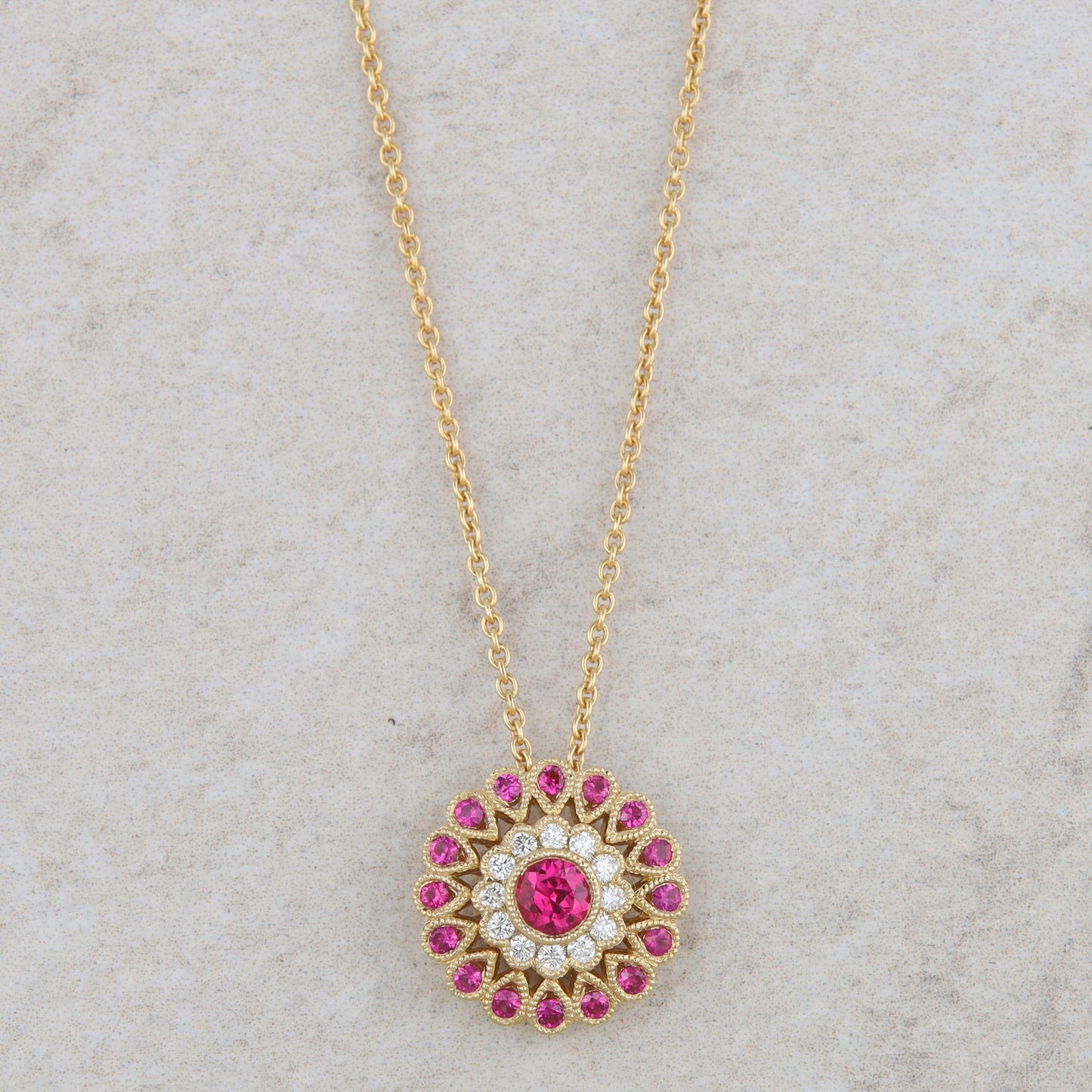 18k Yellow Gold Ruby and Diamond Halo Milgrain Necklace