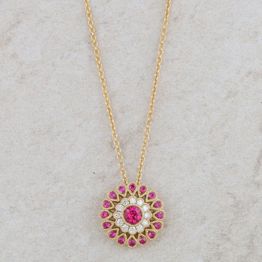 18k Yellow Gold Ruby and Diamond Halo Milgrain Necklace