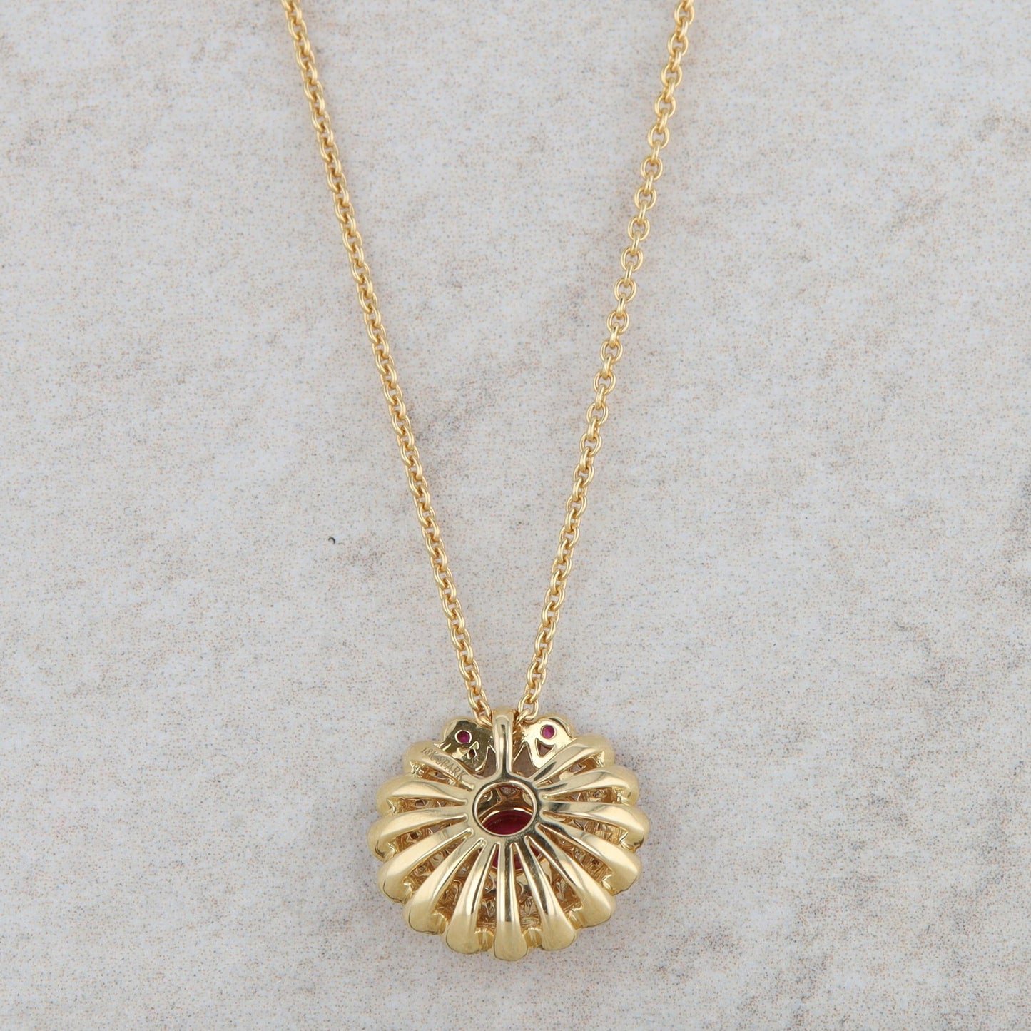 18k Yellow Gold Ruby and Diamond Halo Milgrain Necklace