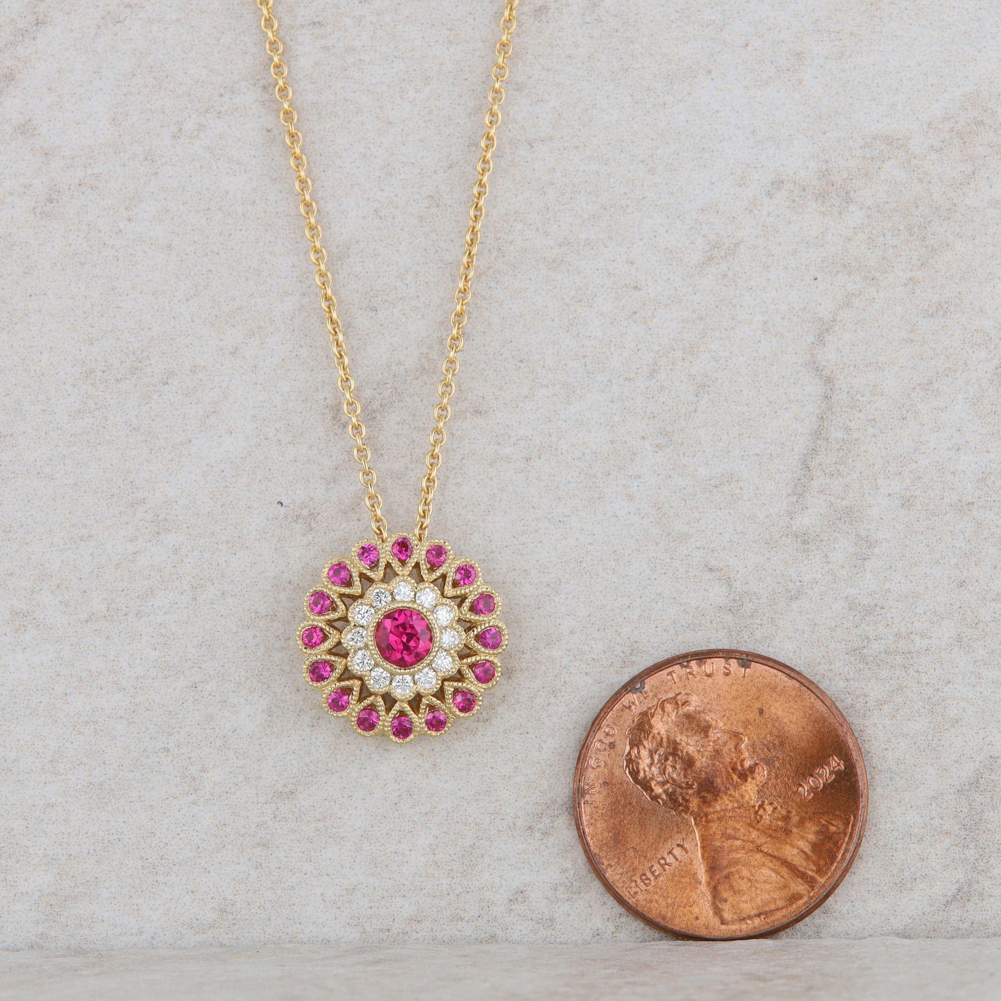 18k Yellow Gold Ruby and Diamond Halo Milgrain Necklace