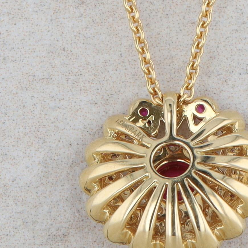 18k Yellow Gold Ruby and Diamond Halo Milgrain Necklace