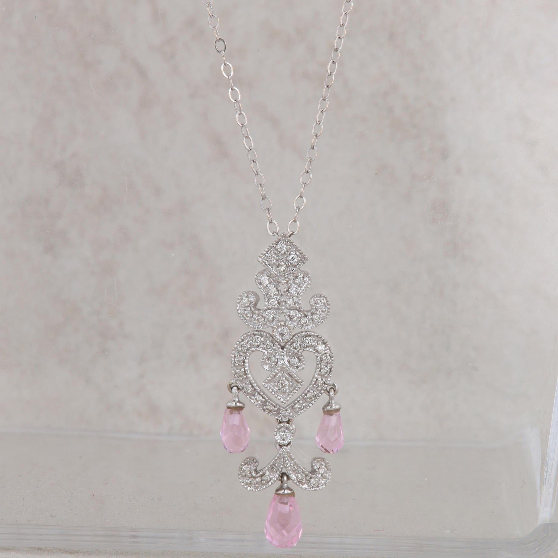 14k White Gold Pink Tourmaline & Diamond Heart Filigree Dangle Pendant Necklace