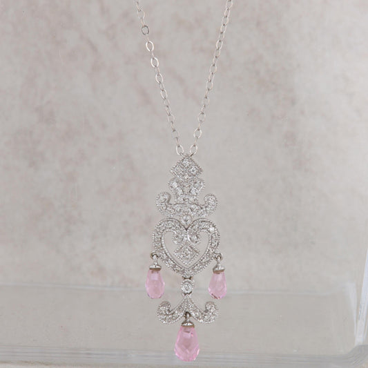14k White Gold Pink Tourmaline & Diamond Heart Filigree Dangle Pendant Necklace