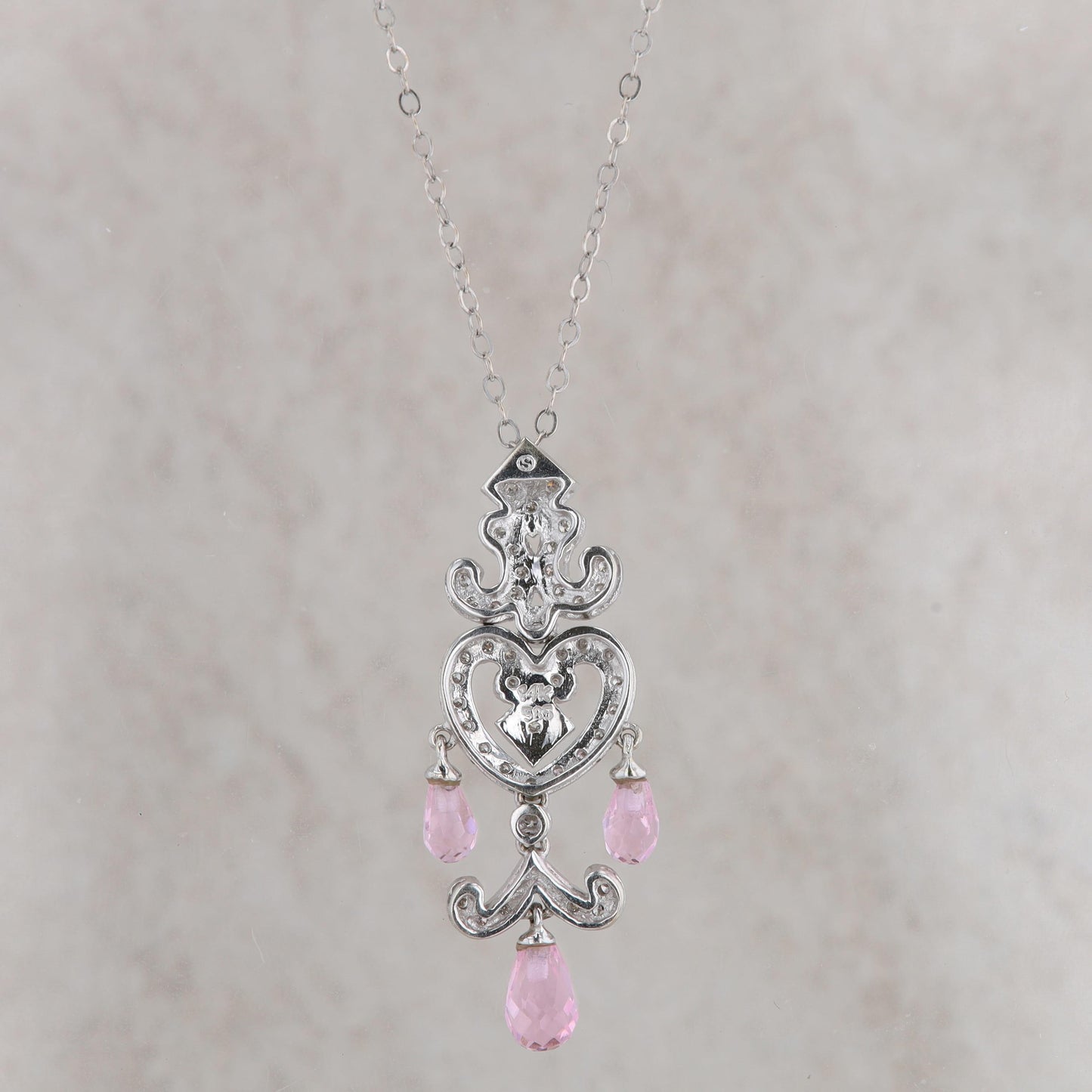 14k White Gold Pink Tourmaline & Diamond Heart Filigree Dangle Pendant Necklace