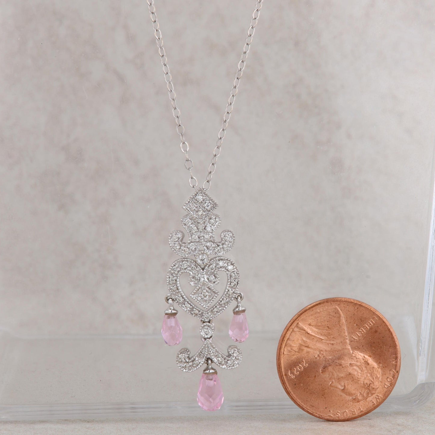 14k White Gold Pink Tourmaline & Diamond Heart Filigree Dangle Pendant Necklace