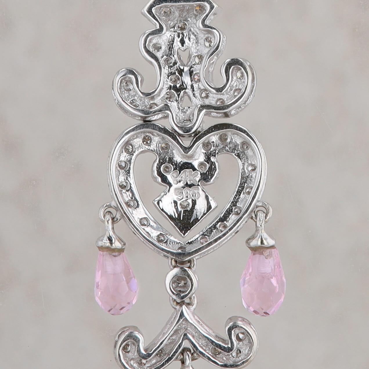 14k White Gold Pink Tourmaline & Diamond Heart Filigree Dangle Pendant Necklace