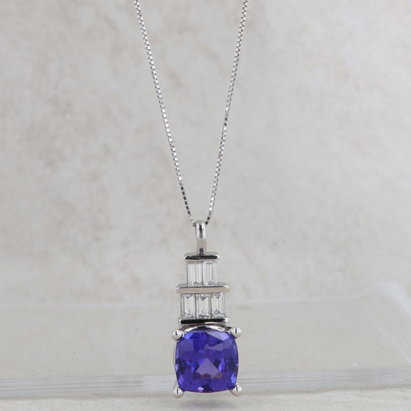 14k White Gold Cushion Tanzanite & Baguette Diamond Tiered Pendant Necklace