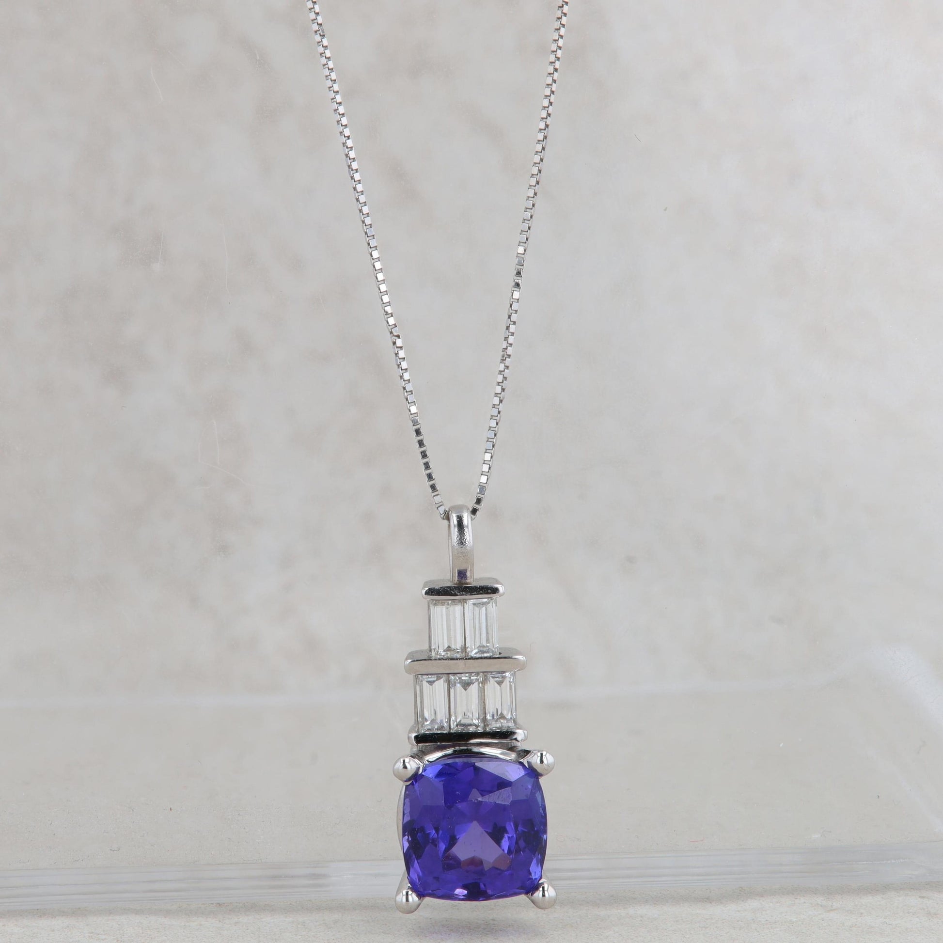 14k White Gold Cushion Tanzanite & Baguette Diamond Tiered Pendant Necklace