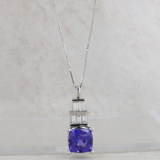 14k White Gold Cushion Tanzanite & Baguette Diamond Tiered Pendant Necklace