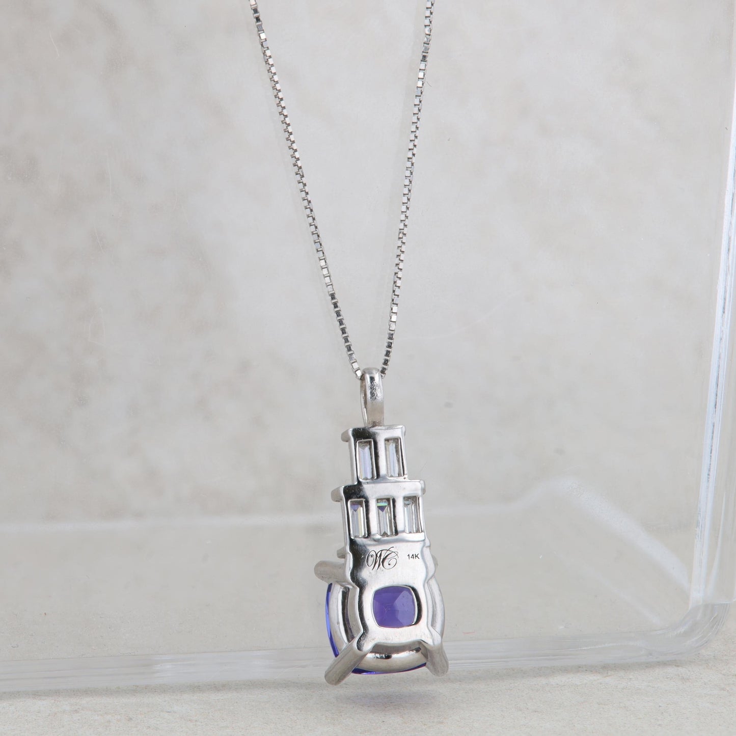 14k White Gold Cushion Tanzanite & Baguette Diamond Tiered Pendant Necklace