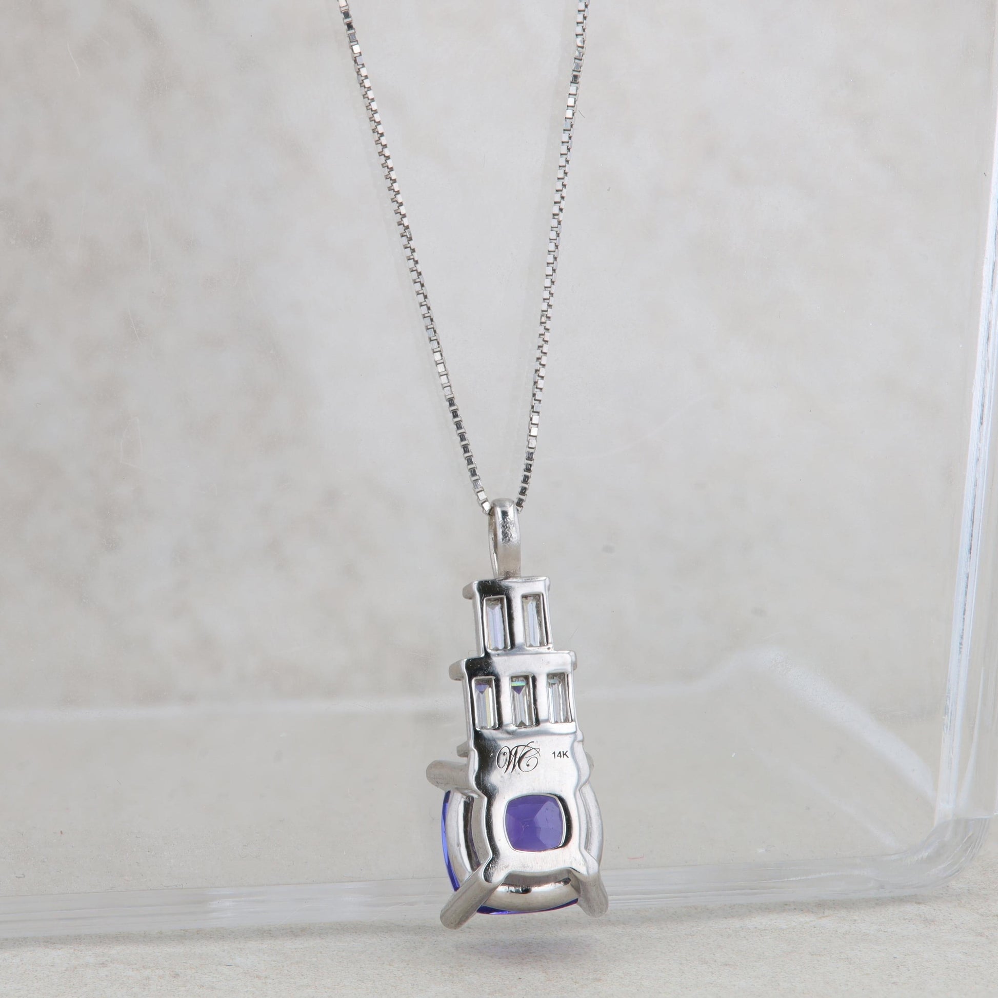 14k White Gold Cushion Tanzanite & Baguette Diamond Tiered Pendant Necklace