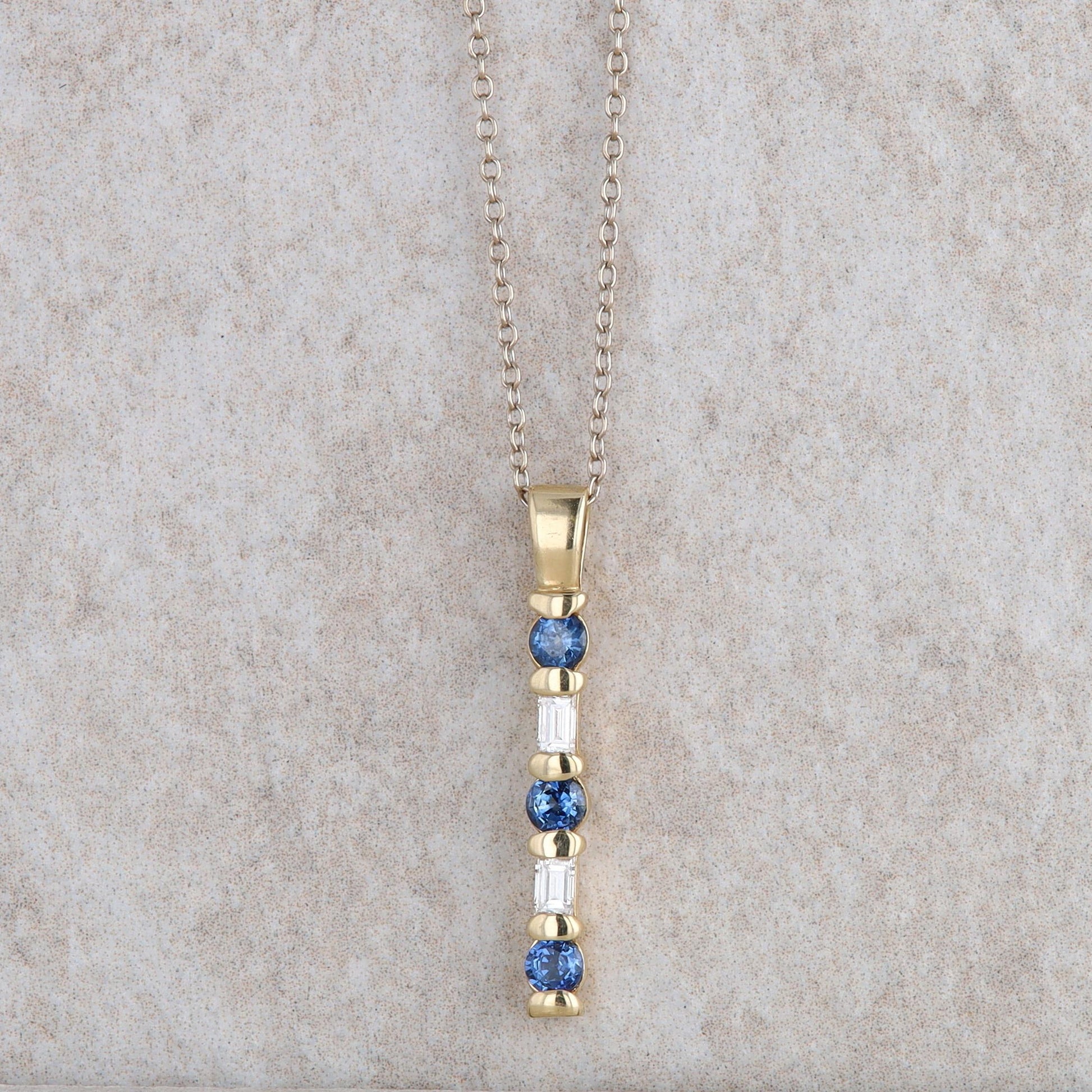 14k Yellow Gold Sapphire and Diamond Pendant with White Gold Cable Chain